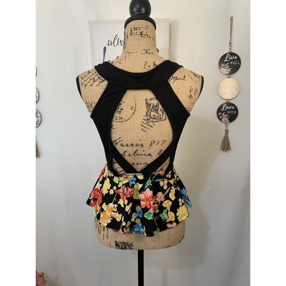 (E-138)Women’s Floral‎ Peplum Top Sleeveless Black Multicolor Size M Fashion - Picture 5 of 7
